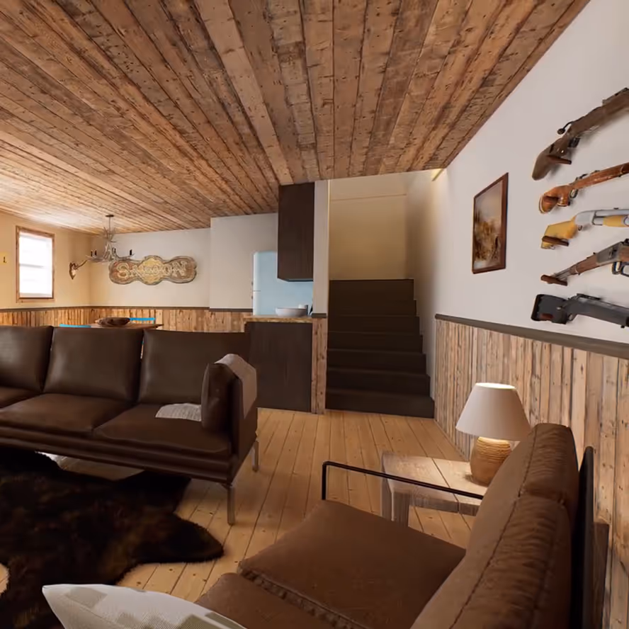 A Crafted Colossal shed set up as a hunting camp with bunks and gear storage